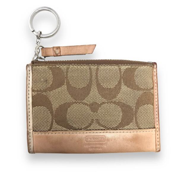 Coach Signature Logo Canvas Leather Coin Purse ID Wallet Key Chain Zip Tan Brown - Picture 1 of 3